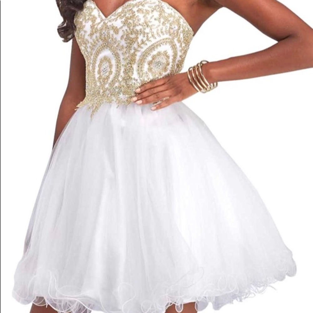 White and Gold Tulle Prom Dress Size Medium